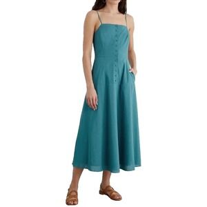 Iris & Ink  Blue Teal Long Sleeveless Cotton Ladies Dress Pockets Buttons Size 8